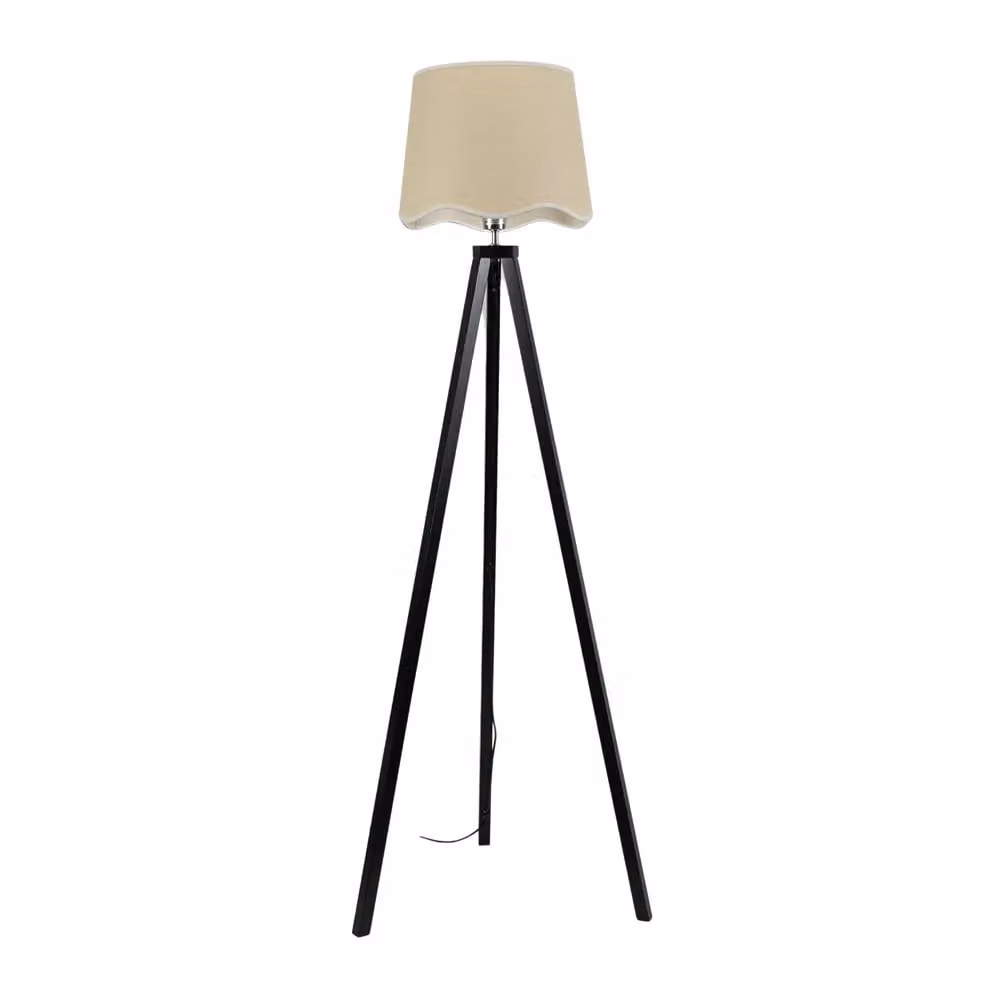 ValueLights Barbro Black Wood Tripod Floor Lamp with White Linen Scallop Edge Shade and LED Bulb, H 153 cm x W 35 cm x D 35 cm – 2