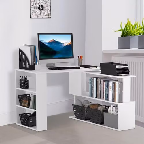 HOMCOM L Shaped Corner Computer Desk with Rotating Top and Bookshelf, White – 2