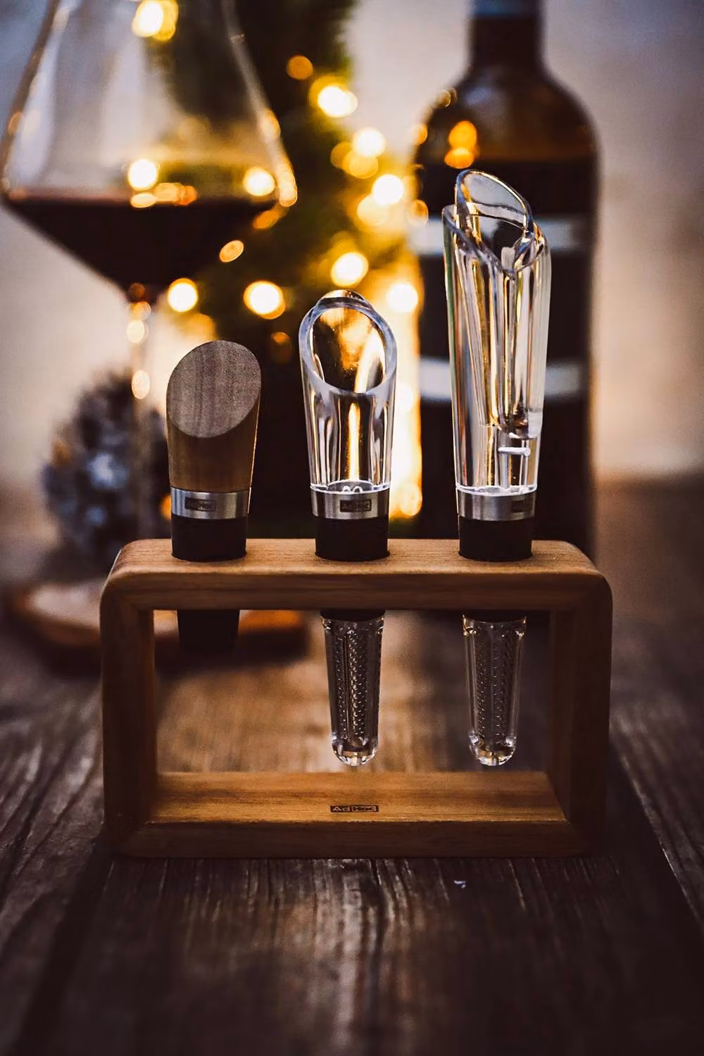 AdHoc 3 Piece Wine Aerator, Stopper and Non-Drip Pourer Set with Acacia Wood Stand in Silver – 4