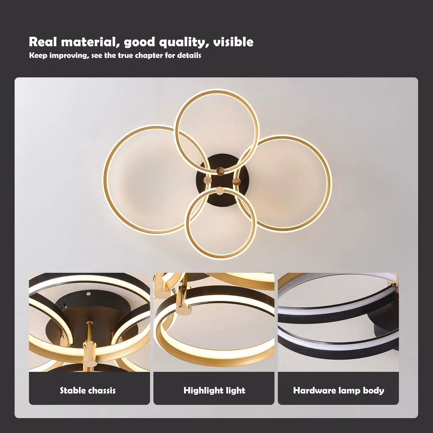Garwarm Modern 60W Dimmable LED Ceiling Light with 4 Rings in Gold/Brass – 6