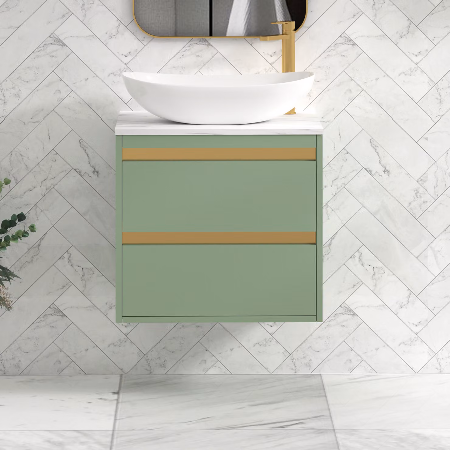 Royal Bathrooms Orion 800mm Mint Sage Wall Hung Countertop Vanity Unit with Cesar Basin and Brushed Brass Accent Trim