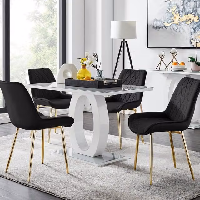 FurnitureboxUK Giovani Grey Glass Dining Table and 4 Pesaro Black Upholstered Chairs with Gold Legs