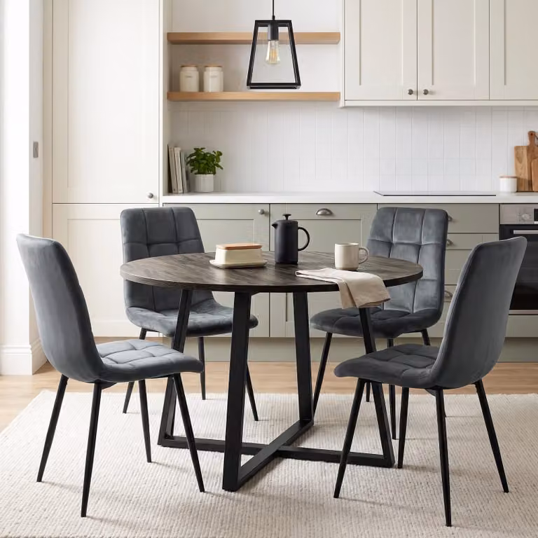 DHS Modern Round Dining Table Set with 4 Chairs in Grey and Black, Diameter: 110 cm, Height: 75 cm