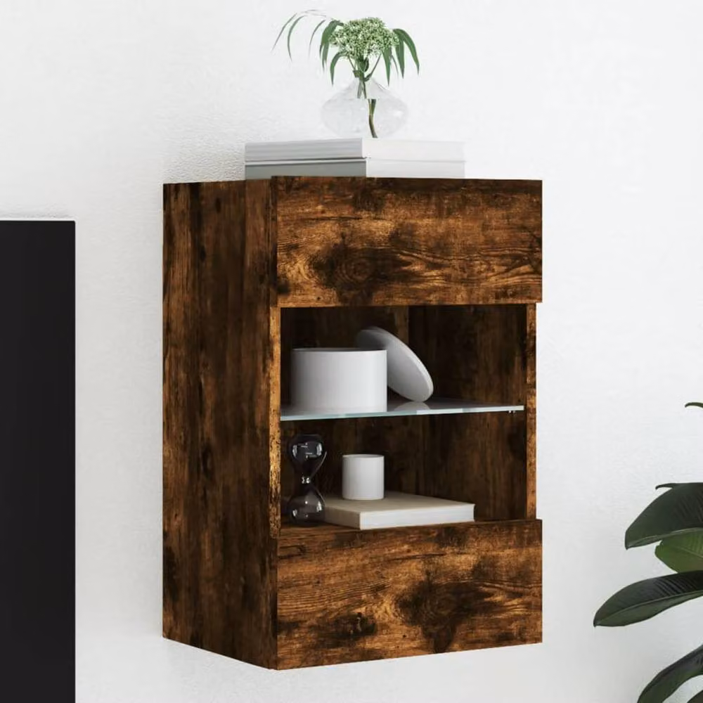 Berkfield Home TV Wall Cabinet with LED Lights in Smoked Oak Brown, W/D/H: 40 x 30 x 60.5 cm – 2