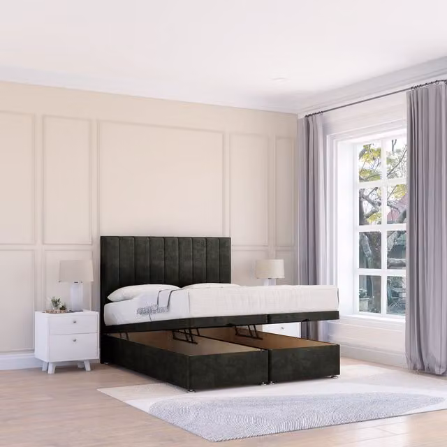 Sloomy Kansas Dumfries King Size Fabric Ottoman Bed in Black with Hybrid Sprung Memory Mattress and 26 Inch Strut Headboard