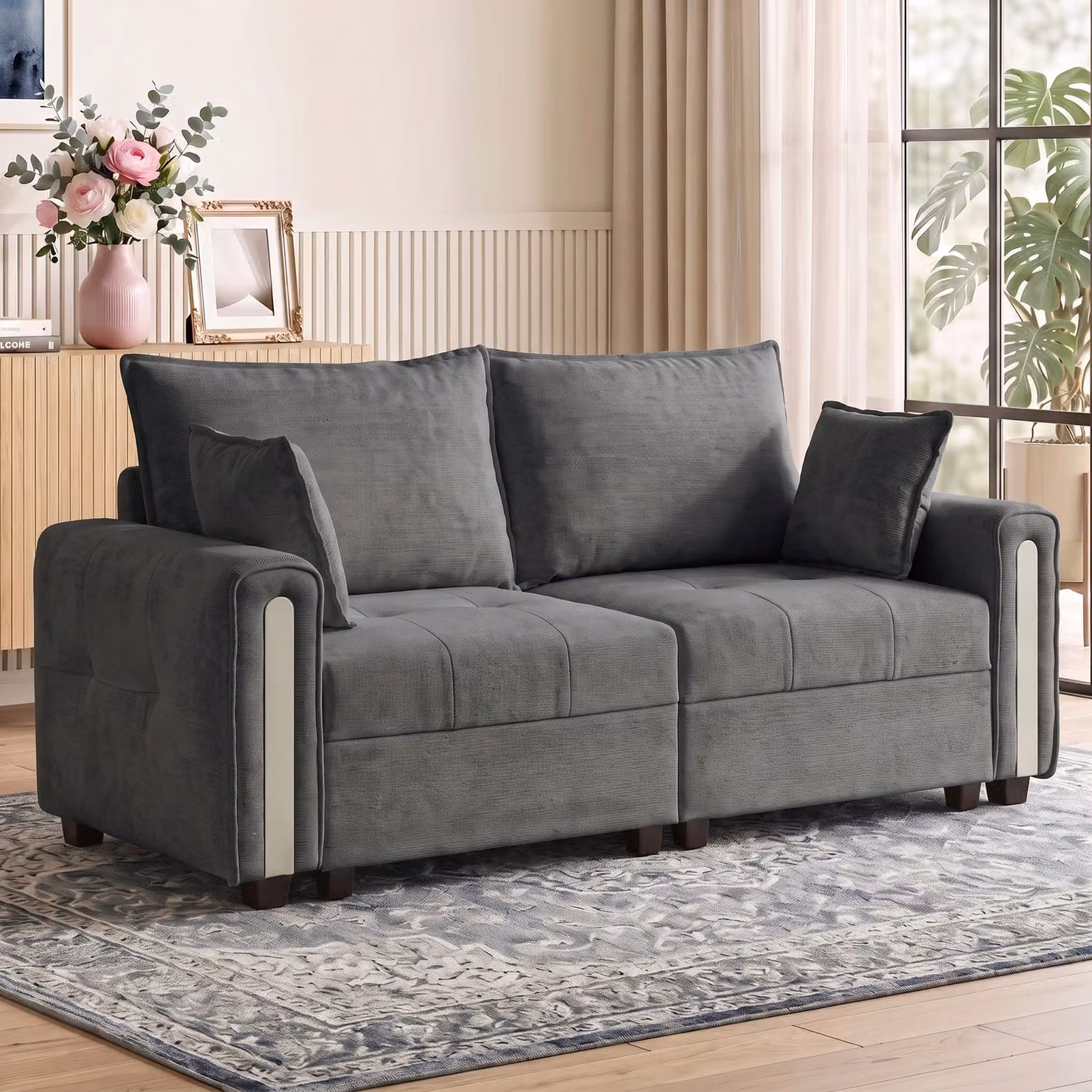 HOMCOM 2 Seater Velvet Sofa with Lift-Up Storage, Dark Grey Loveseat with 2 Pillows for Living Room or Home Office, W: 168 cm, H: 88 cm, D: 50 cm – 2