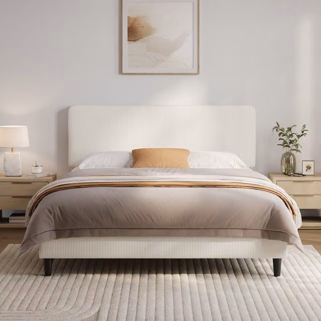 Yaheetech Modern Upholstered Bed Frame with Fabric Headboard in Beige