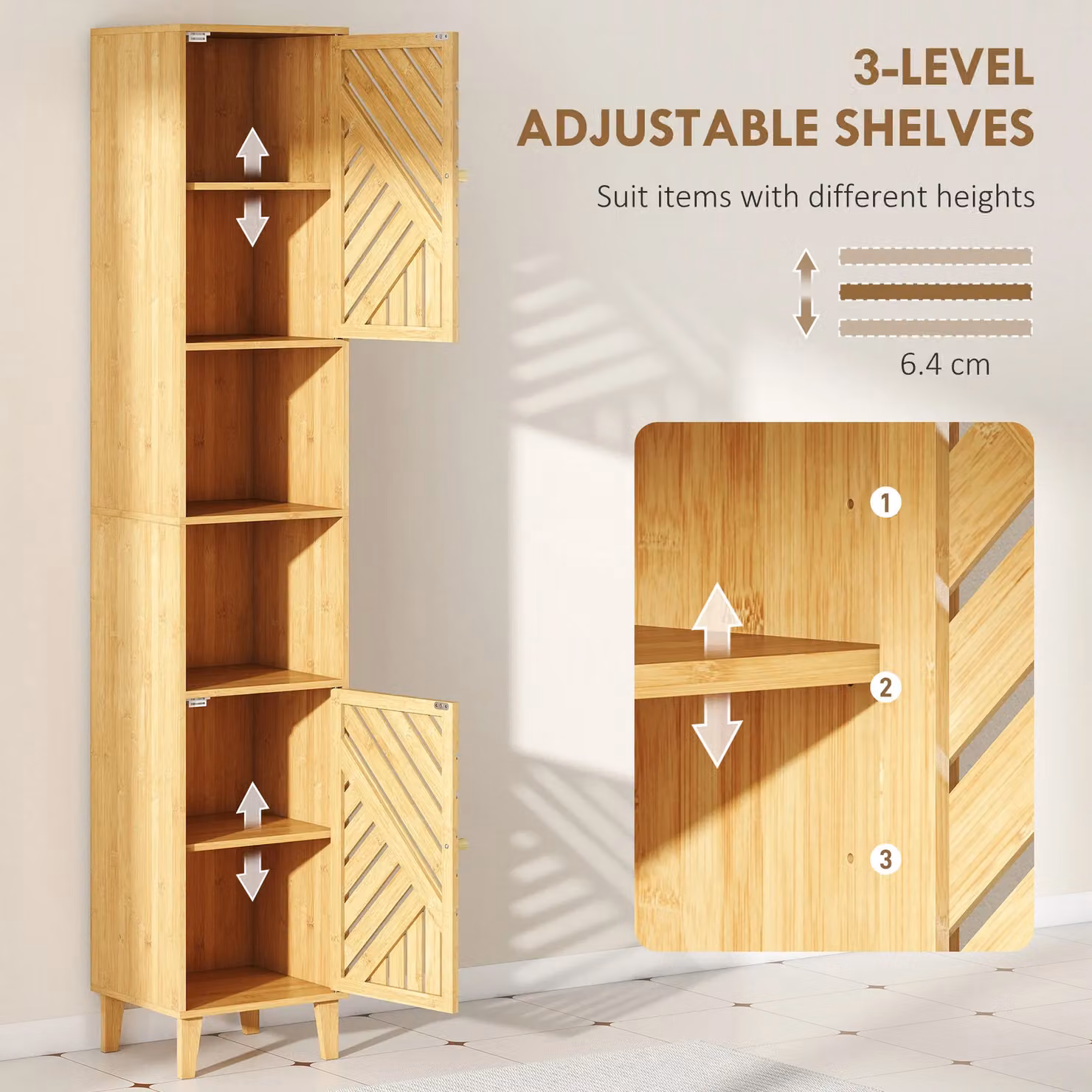 HOMCOM Freestanding Tall Bathroom Cabinet with Hinged Doors and Open Shelves in Brown, W/D/H: 32 x 30 x 170 cm – 2