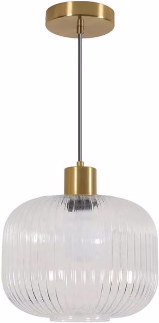 Goeco Modern Round Glass Pendant Light with Transparent Ribbed Shade and Gold Finish – 1