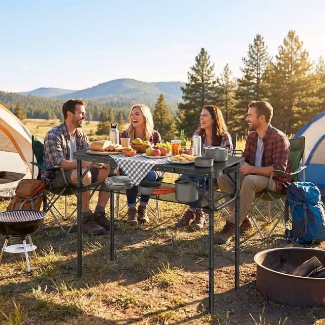 Outsunny Black Rectangular Folding Camping Table with Metal Frame and Mesh Storage Layer