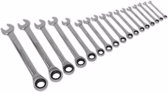 Loops 17pc Ratchet Combination Spanner Set, 12 Point Metric Ring Open Head Wrench in Silver and Multicolour Chrome Vanadium Steel – 1