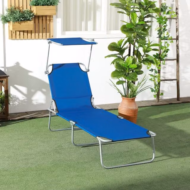 Outsunny Foldable Reclining Sun Lounger with Adjustable Awning in Blue