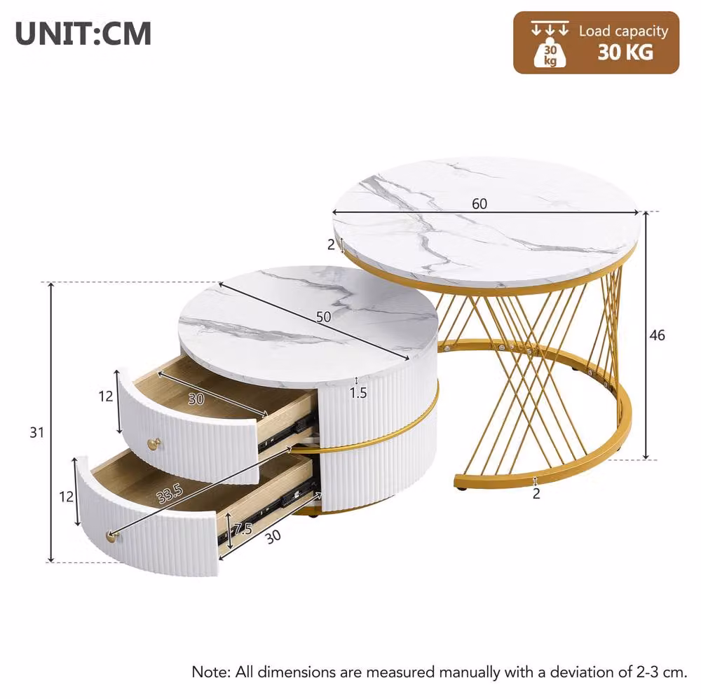 STILVORA Nesting Coffee Table Set with 2 Drawers in White and Gold – 4