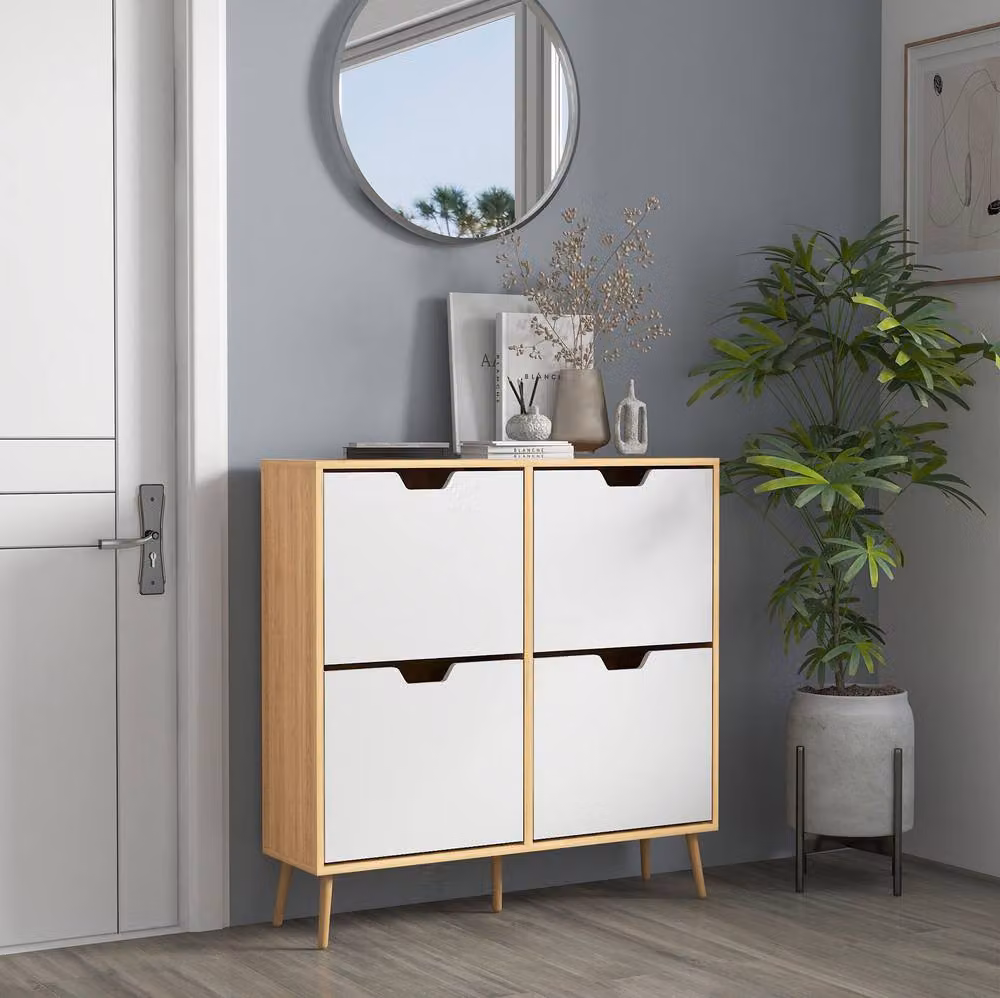 STILVORA Scandinavian Shoe Cabinet with 4 Tilting Compartments in Natural and White – 1
