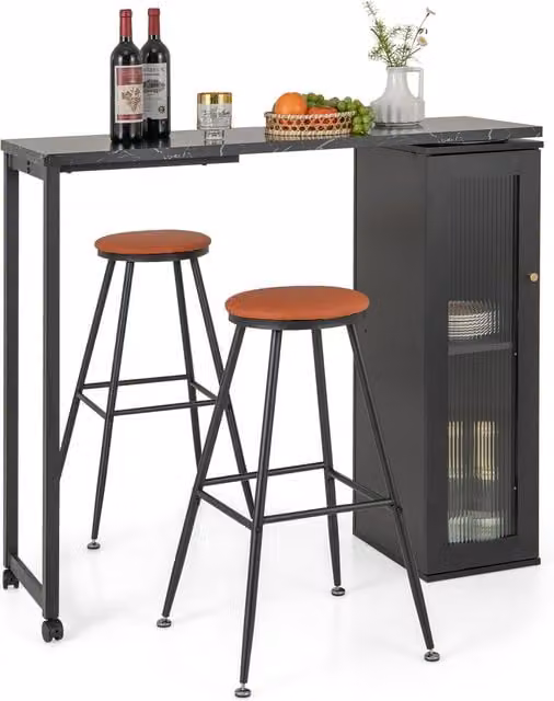 Costway Modern Black Marble Top Bar Table and Chairs Set with Rotating Serving Tiers