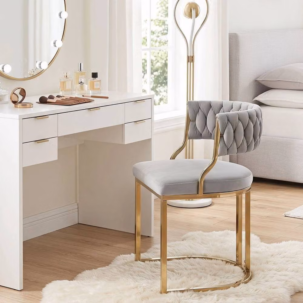KORVIXA Set of 2 Grey Velvet Upholstered Dining Chairs with U-Shaped Metal Base – 2