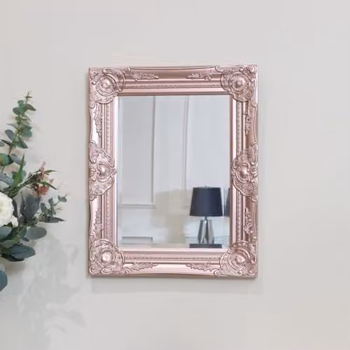 Melody Maison Ornate Rose Gold and Pink Vintage Wall Mirror with Bevelled Glass, W: 52.5 cm, H: 42.0 cm, D: 3.5 cm