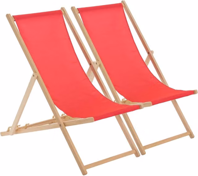Harbour Housewares Set of 2 Pink Wooden Folding Garden Sun Loungers with Armrests