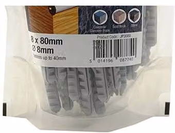 JCP Fixings Nylon Frame Plugs, Grey, 8 x 80mm, Box of 250 – 1