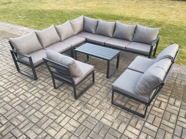 Fimous 10 Seater Aluminium L-Shape Garden Lounge Corner Sofa Set with Oblong Coffee Table in Dark Grey