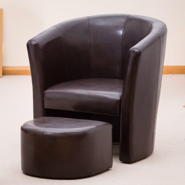 Artemis Home Halewood Brown PU Vegan Leather Tub Chair with Integrated Ottoman