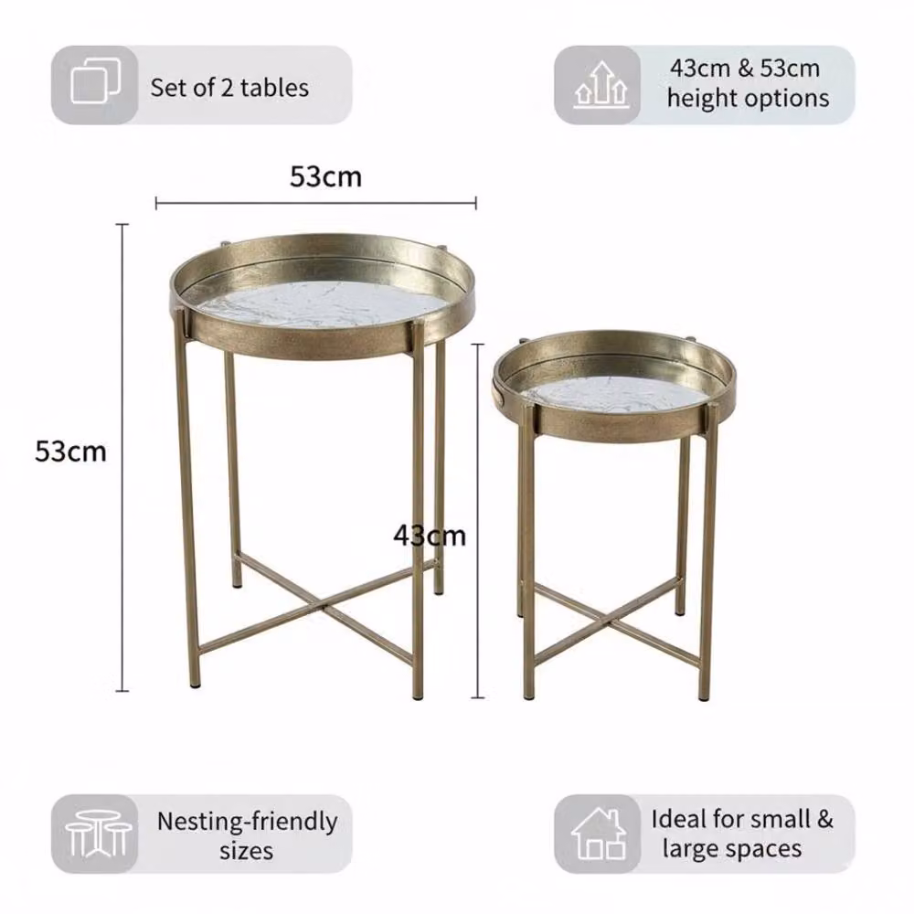 Minster Stylish Living Ltd Set of 2 Art Deco Nested Round Tables with Gold and Silver Abstract Marble Pattern Tops – 2