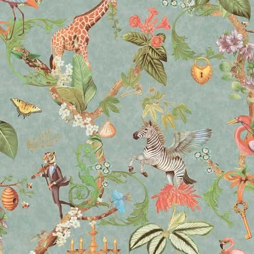 Holden Decor Safari Symphony Bold Mistical Animals Style Quirky Wallpaper in Petrol and Multicolour