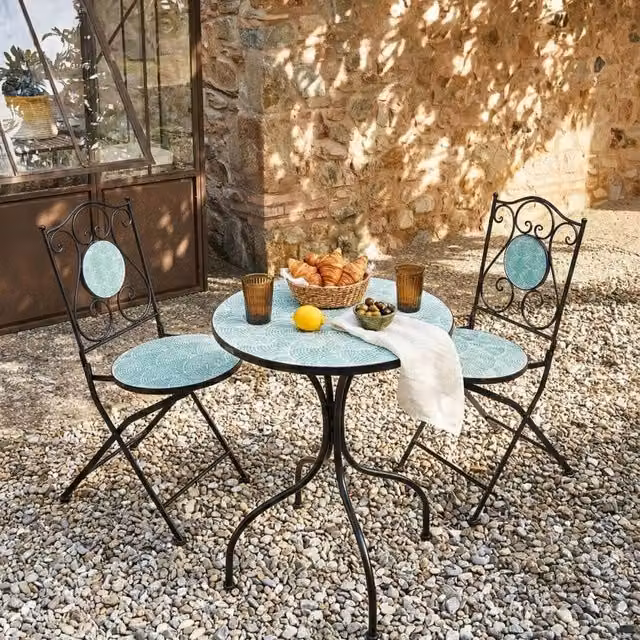 Wyld and Coco Living Set of 2 Black Metal Garden Chairs with Geometric Wave Pattern