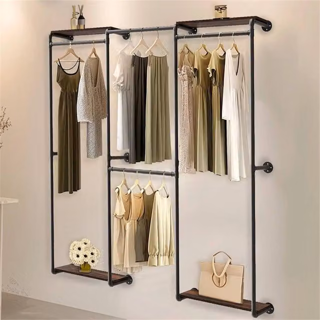 Kelvenix 2 in 1 Industrial Metal Pipe Wall Clothes Rail in Matt Black