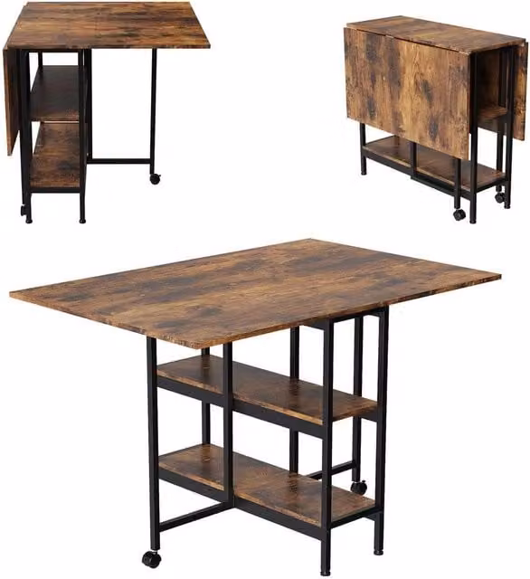 KORVIXA Brown Rustic Wood Drop Leaf Folding Dining Table with Castors