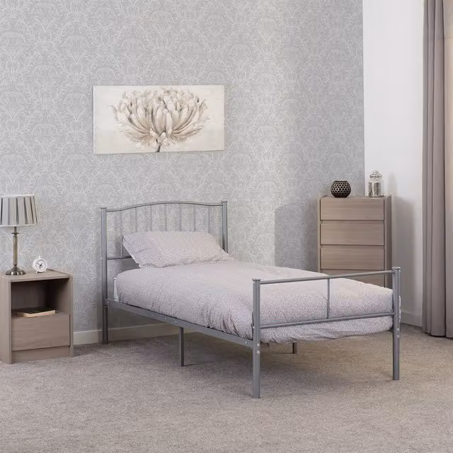 Seconique Newton Metal Single Bed in Silver, W/D/H: 90 x 190 cm