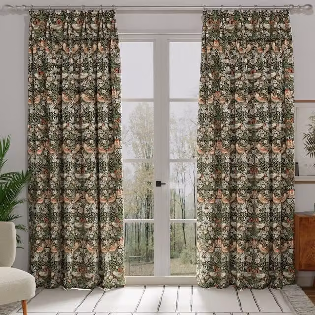 William Morris Strawberry Thief Made to Measure Blackout Cotton Curtain in Green and Black