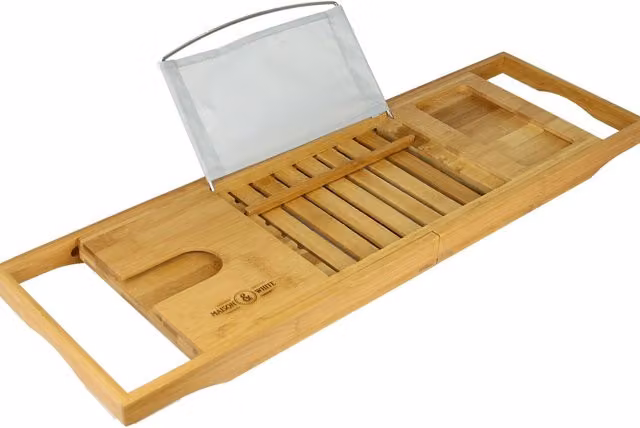 Maison & White Adjustable Bamboo and Glass Extendable Bath Caddy in Brown