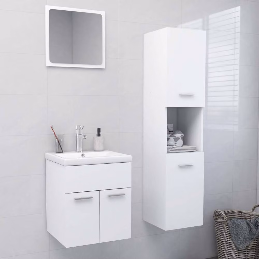 Berkfield Home Modern White Matt MDF Full Bathroom Furniture Set with Mirror Cabinet, Vanity Unit and Tall Cabinet – 2