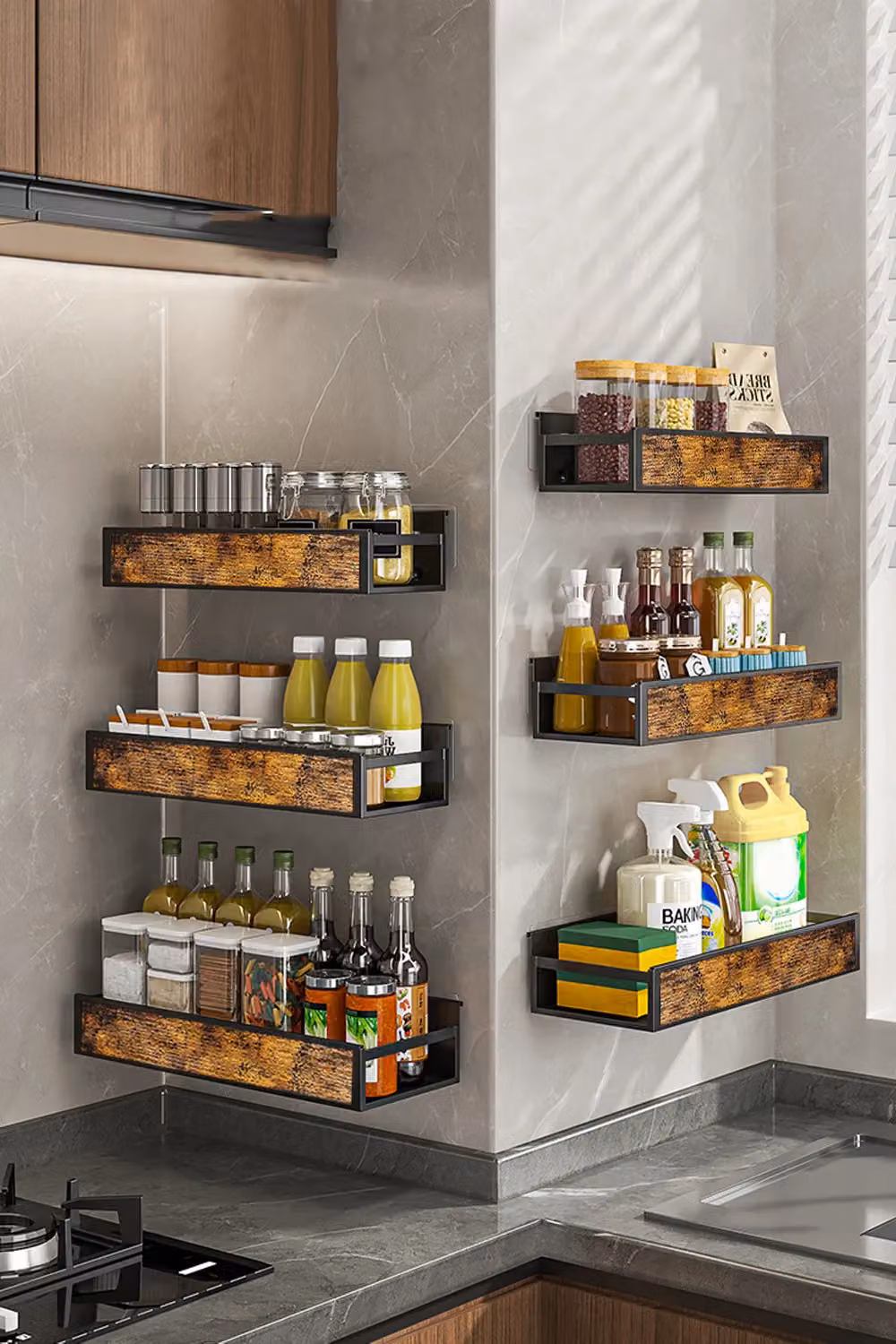 Livingandhome 3 Piece Brown Industrial Wall-Mounted Metal and Wood Spice Rack and Refrigerator Storage Set – 2