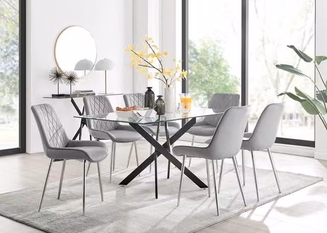 FurnitureboxUK Leonardo Black Leg Glass Dining Table with 6 Pesaro Silver Grey Chairs