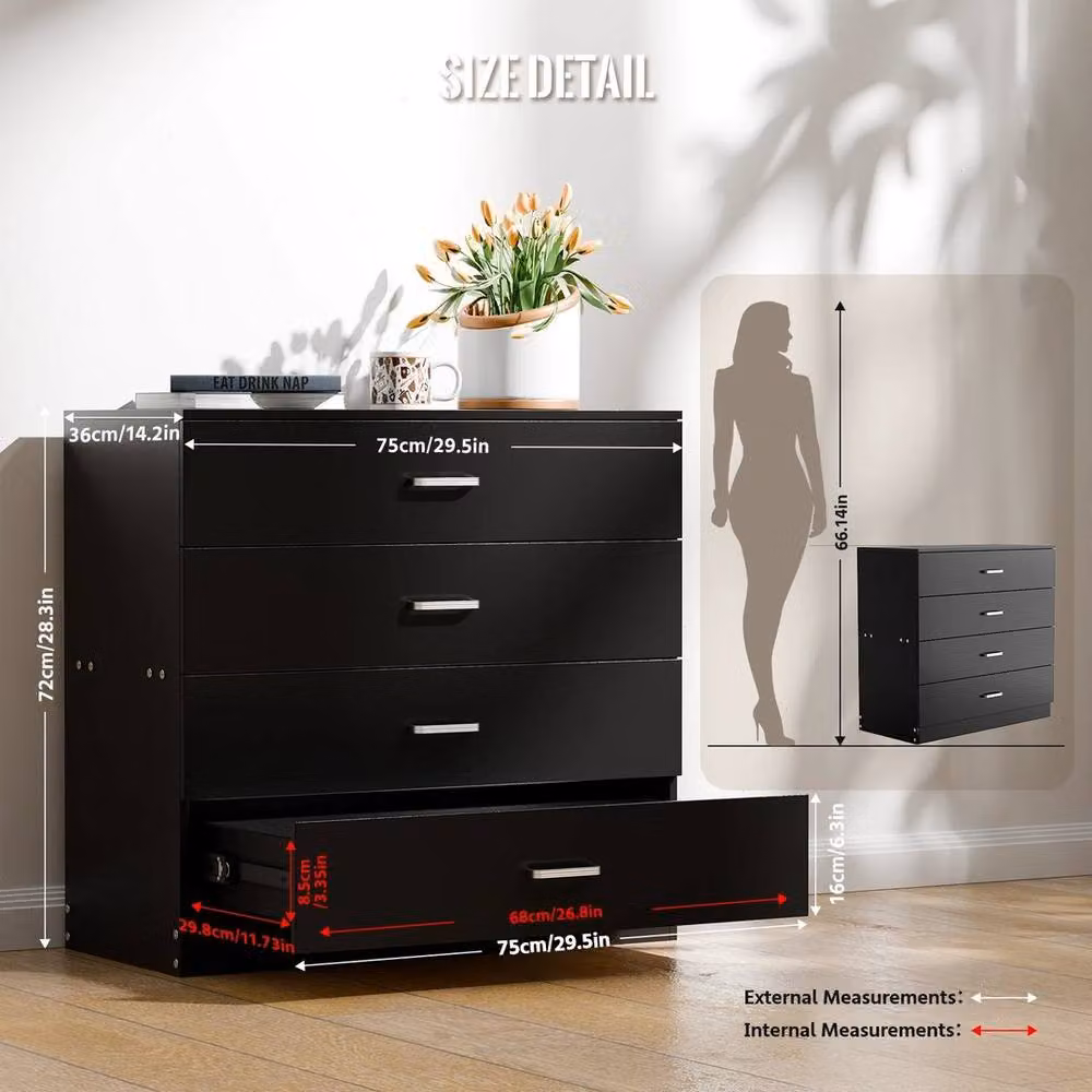FORGEVIO Black 4-Tier Modern Bedroom Drawer Cabinet – 6