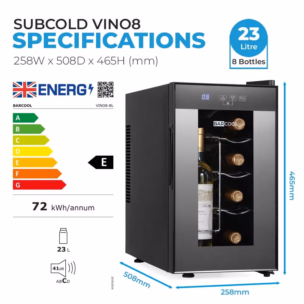Subcold Barcool VINO8 Countertop Wine Fridge, Black, 8 Bottle Capacity, Single-Zone Thermoelectric Cooler with Glass Door and LED Interior Light, W/D/H: 46.5 x 25.8 x 50.8 cm – 5