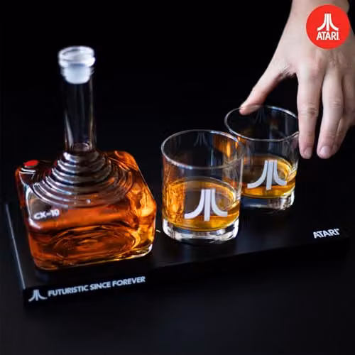ThumbsUp! Official Atari Joystick Decanter Set with 2 x Atari Action Button Whisky Glasses and CX78+ Games Pad Tray, Transparent Lead-Free Crystal Glass, 750ml Decanter and 2 x 300ml Glasses – 2