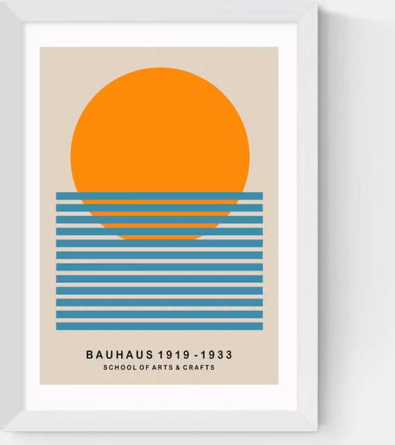 East End Prints Bauhaus Mid Century Sun Abstract Geometric Framed Art in White and Multicolour