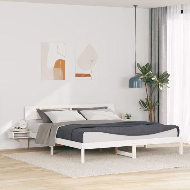 Berkfield Home Modern White Solid Pine Wood Bed Frame with Headboard and Side Compartments 200 x 200 cm – 1