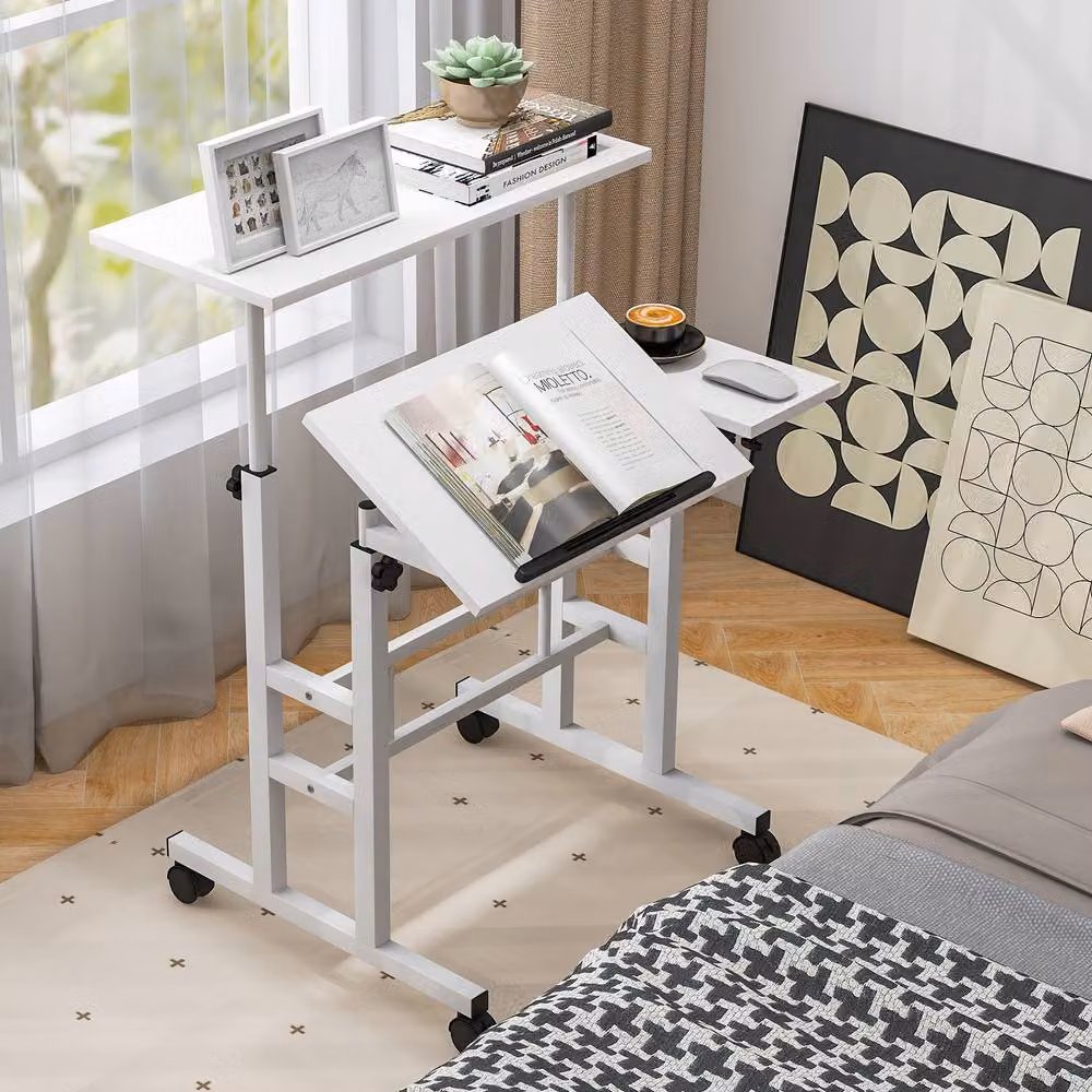 Costway Mobile Sit to Stand Computer Desk with Manual Crank and Castors, White – 3