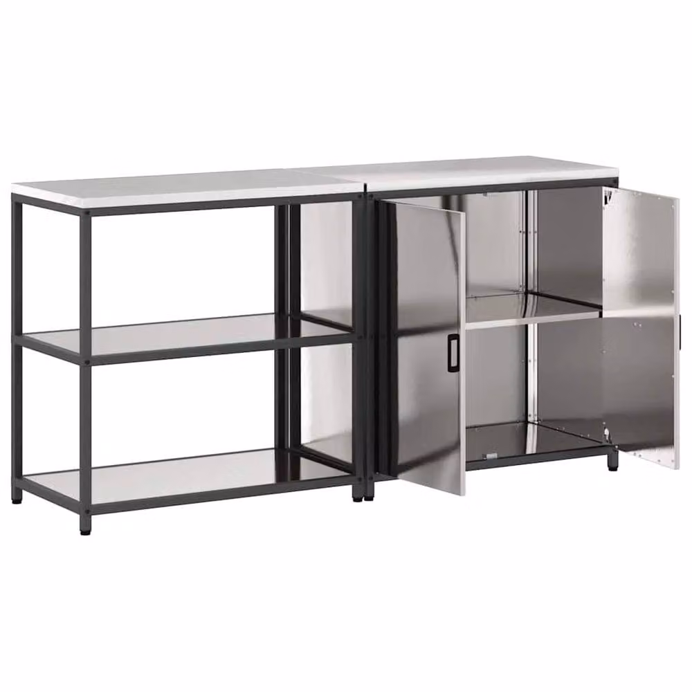 Berkfield Home Modern 2-Piece Silver Metal Kitchen Storage Set with Adjustable Shelves and Hinged Doors – 3
