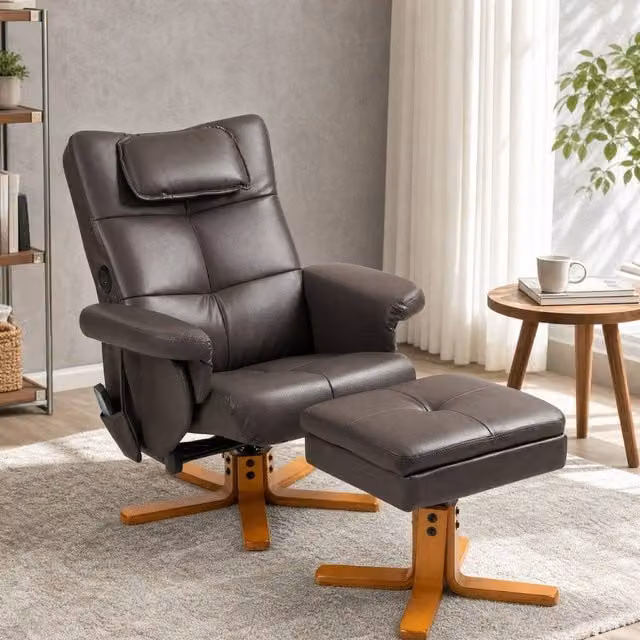 STILVORA Brown Synthetic Leather Motorised Recliner Chair with Ottoman and Armrests