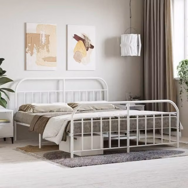 Berkfield Home Metal Bed Frame with Headboard and Footboard in White, W: 183 cm, L: 213 cm