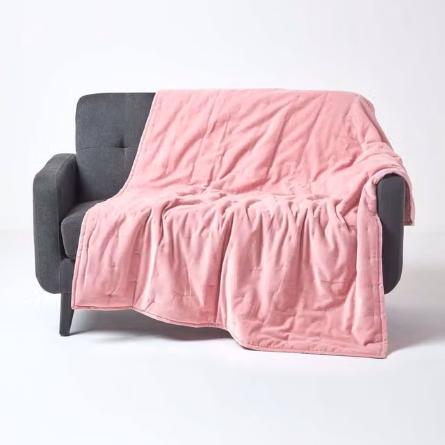 Homescapes Pink Velvet Quilted Throw with Stitch, W: 200 cm x D: 150 cm