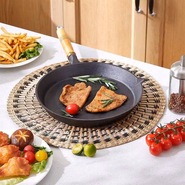 Livingandhome Uncoated Cast Iron and Stainless Steel Frying Pan with Removable Handle, Black, Diameter: 29 cm