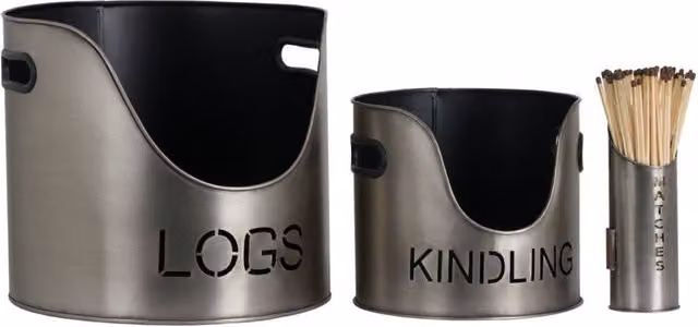 KDMD Silver Pewter Finish Logs, Kindling Buckets and Matchstick Holder Set
