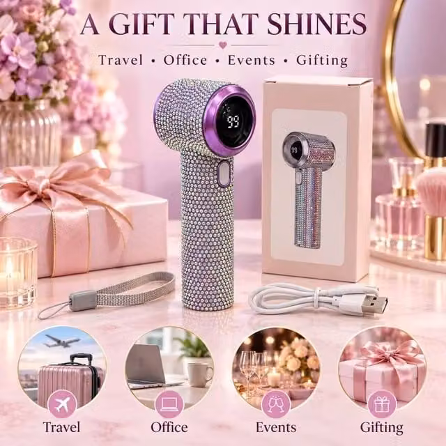 BluCore Rhinestone Rechargeable Mini Handheld Fan in Purple