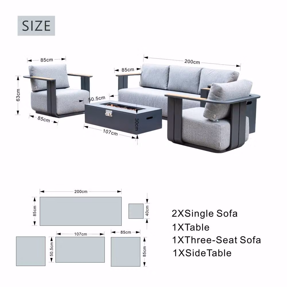 Mimo 5-Seater Grey Garden Furniture Set with Powder Coated Aluminium Frame, Teak Accents and Iron Firepit Table – 3